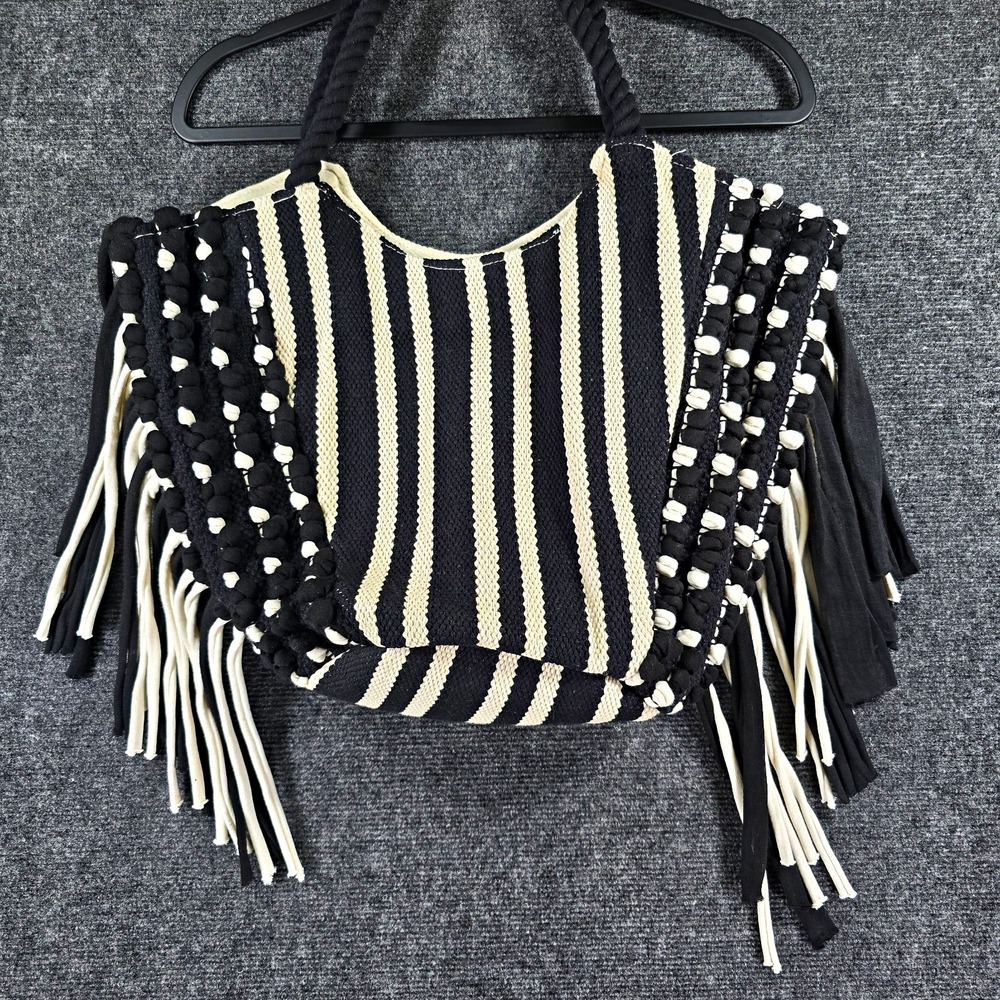 Black Ivory Striped Woven Fringe Shoulder Bag Boho Festival Tote Women OS